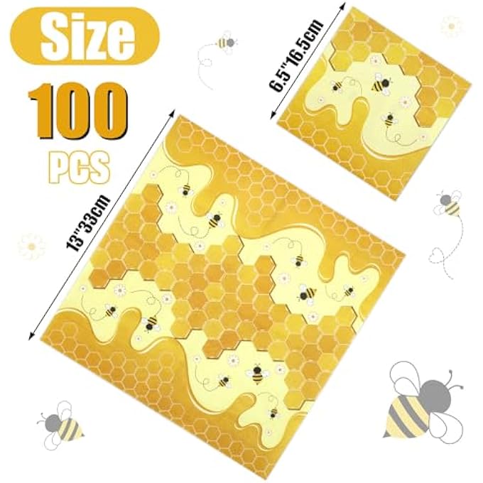 100 PCS BEE NAPKINS, BEE PARTY LUNCH DINNER PAPER NAPKINS, BUMBLE BEE PARTY DECORATIONS, HONEY BEE DISPOSABLE NAPKINS FOR BEE THEMED PARTY, KID'S 1ST BEE DAY, BABY SHOWER - Image 3
